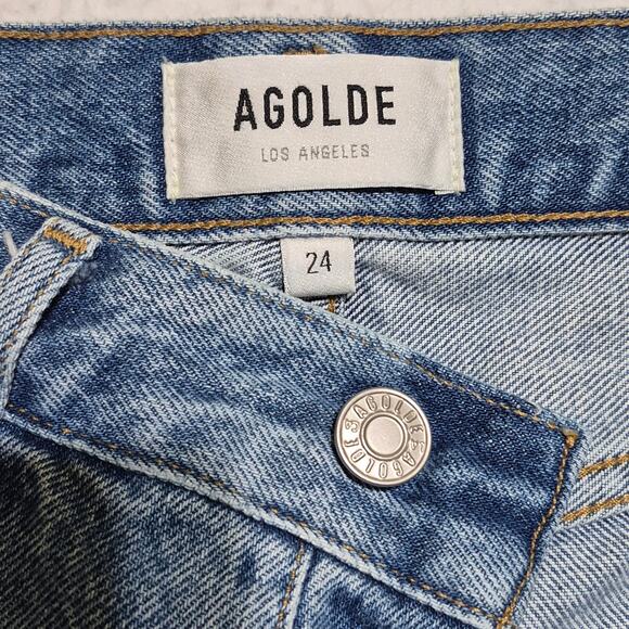 AGOLDE Jeans Riley Crop High Rise Straight Blue Button Fly Raw Hem Denim Size 24 - Picture 3 of 11